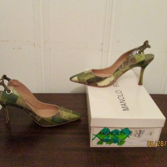 Manolo Blahnik NWOT Green Snakeskin Patchwork Stilettos 6 1/2B - Picture 3 of 9